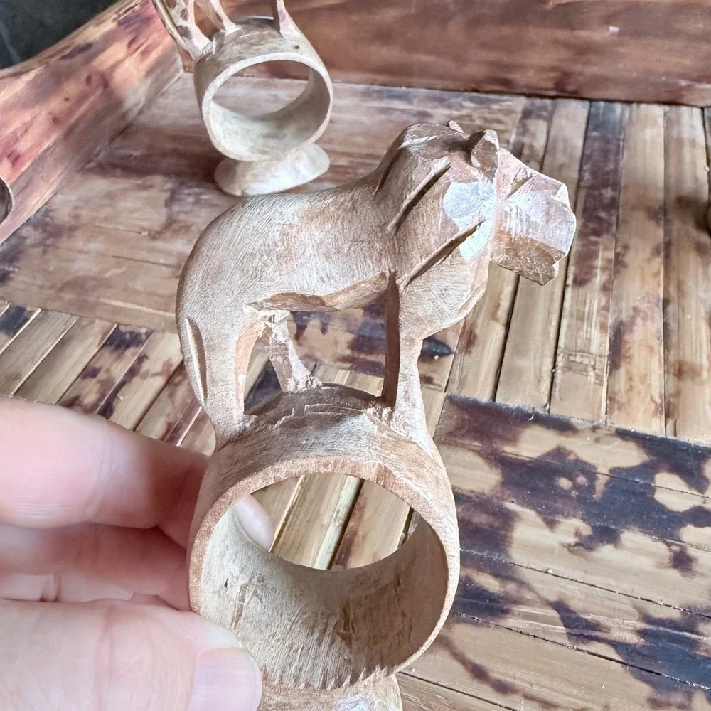Set of 4 Hand-Carved Wooden Safari Animal Napkin Rings - Folk Art